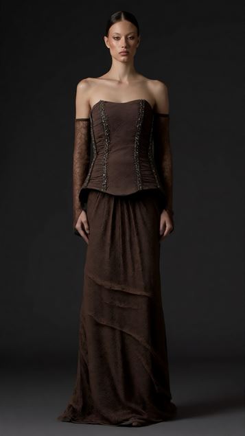 Cappuccino Peplum Detaylı  Dantelli Abiye  Elbise